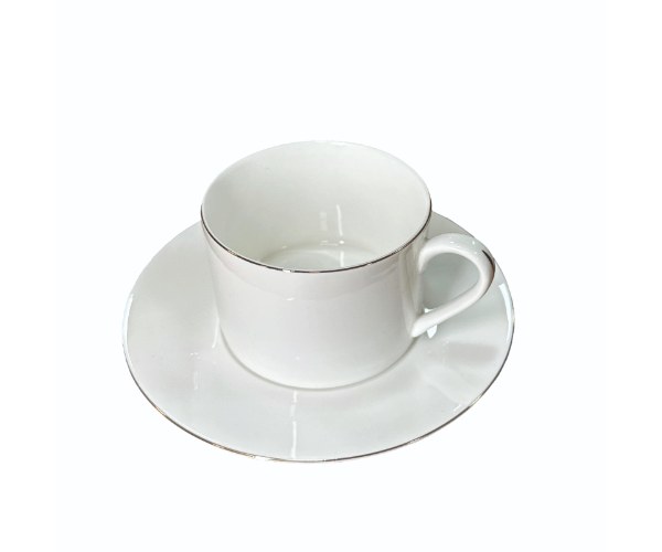סט Bone China ספל וצלוחית 9oz - לבן, עיטור זהב
