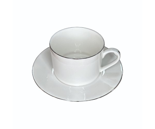 סט Bone China ספל וצלוחית 9oz - לבן, עיטור כסף